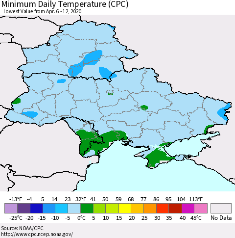 Ukraine, Moldova and Belarus Minimum Daily Temperature (CPC) Thematic Map For 4/6/2020 - 4/12/2020
