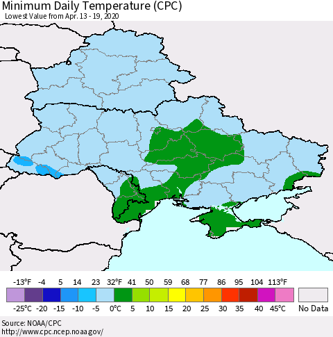 Ukraine, Moldova and Belarus Extreme Minimum Temperature (CPC) Thematic Map For 4/13/2020 - 4/19/2020