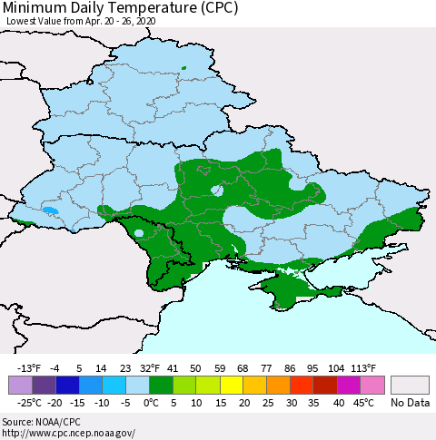 Ukraine, Moldova and Belarus Extreme Minimum Temperature (CPC) Thematic Map For 4/20/2020 - 4/26/2020
