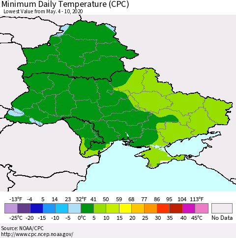 Ukraine, Moldova and Belarus Extreme Minimum Temperature (CPC) Thematic Map For 5/4/2020 - 5/10/2020