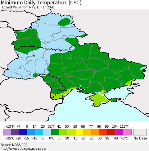 Ukraine, Moldova and Belarus Extreme Minimum Temperature (CPC) Thematic Map For 5/11/2020 - 5/17/2020