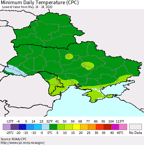 Ukraine, Moldova and Belarus Minimum Daily Temperature (CPC) Thematic Map For 5/18/2020 - 5/24/2020