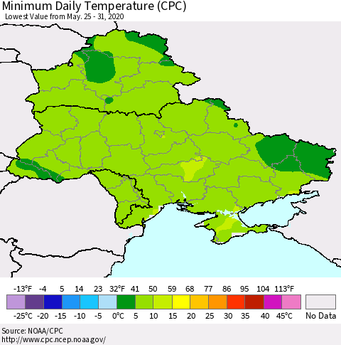 Ukraine, Moldova and Belarus Extreme Minimum Temperature (CPC) Thematic Map For 5/25/2020 - 5/31/2020