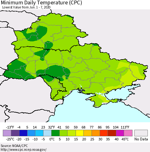 Ukraine, Moldova and Belarus Extreme Minimum Temperature (CPC) Thematic Map For 6/1/2020 - 6/7/2020