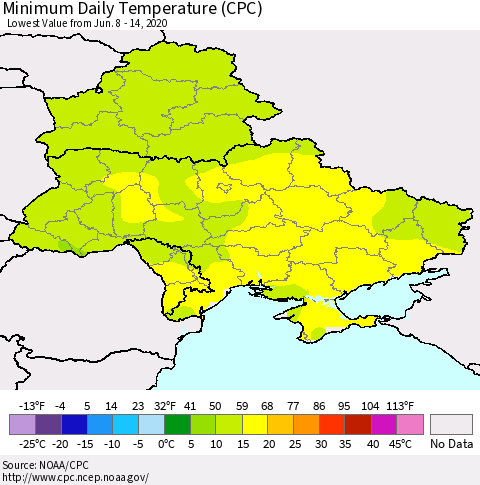 Ukraine, Moldova and Belarus Extreme Minimum Temperature (CPC) Thematic Map For 6/8/2020 - 6/14/2020