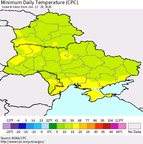 Ukraine, Moldova and Belarus Extreme Minimum Temperature (CPC) Thematic Map For 6/22/2020 - 6/28/2020