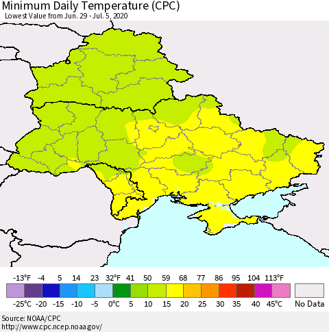 Ukraine, Moldova and Belarus Extreme Minimum Temperature (CPC) Thematic Map For 6/29/2020 - 7/5/2020