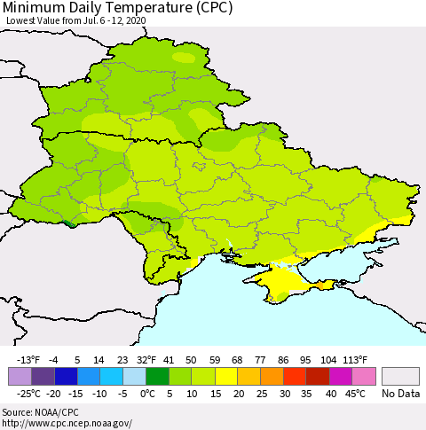 Ukraine, Moldova and Belarus Minimum Daily Temperature (CPC) Thematic Map For 7/6/2020 - 7/12/2020