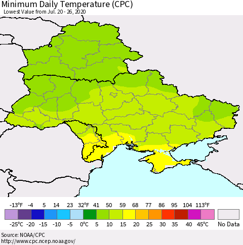 Ukraine, Moldova and Belarus Minimum Daily Temperature (CPC) Thematic Map For 7/20/2020 - 7/26/2020