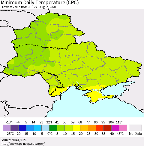 Ukraine, Moldova and Belarus Minimum Daily Temperature (CPC) Thematic Map For 7/27/2020 - 8/2/2020