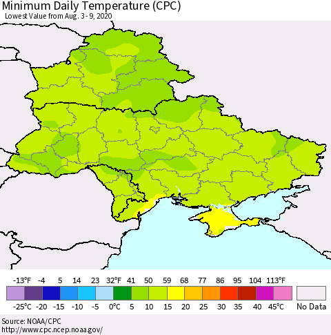 Ukraine, Moldova and Belarus Extreme Minimum Temperature (CPC) Thematic Map For 8/3/2020 - 8/9/2020