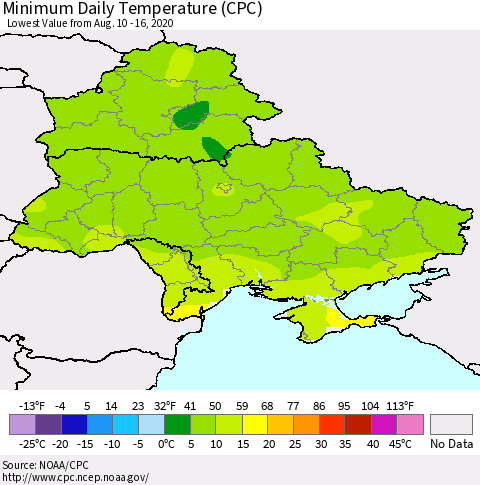 Ukraine, Moldova and Belarus Extreme Minimum Temperature (CPC) Thematic Map For 8/10/2020 - 8/16/2020