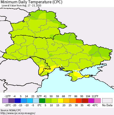 Ukraine, Moldova and Belarus Minimum Daily Temperature (CPC) Thematic Map For 8/17/2020 - 8/23/2020