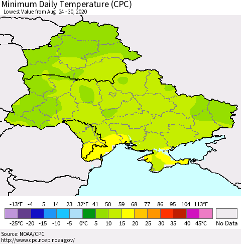 Ukraine, Moldova and Belarus Minimum Daily Temperature (CPC) Thematic Map For 8/24/2020 - 8/30/2020