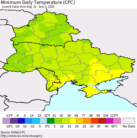 Ukraine, Moldova and Belarus Minimum Daily Temperature (CPC) Thematic Map For 8/31/2020 - 9/6/2020