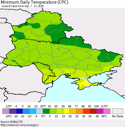 Ukraine, Moldova and Belarus Extreme Minimum Temperature (CPC) Thematic Map For 9/7/2020 - 9/13/2020