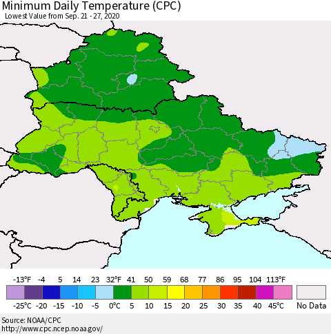 Ukraine, Moldova and Belarus Minimum Daily Temperature (CPC) Thematic Map For 9/21/2020 - 9/27/2020