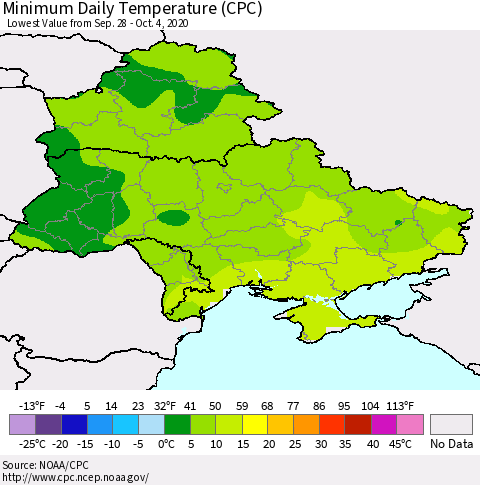 Ukraine, Moldova and Belarus Extreme Minimum Temperature (CPC) Thematic Map For 9/28/2020 - 10/4/2020