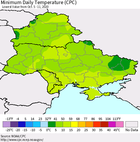 Ukraine, Moldova and Belarus Extreme Minimum Temperature (CPC) Thematic Map For 10/5/2020 - 10/11/2020