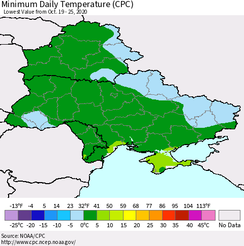 Ukraine, Moldova and Belarus Extreme Minimum Temperature (CPC) Thematic Map For 10/19/2020 - 10/25/2020