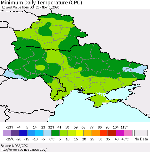 Ukraine, Moldova and Belarus Extreme Minimum Temperature (CPC) Thematic Map For 10/26/2020 - 11/1/2020