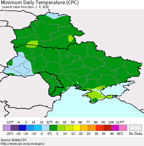 Ukraine, Moldova and Belarus Minimum Daily Temperature (CPC) Thematic Map For 11/2/2020 - 11/8/2020
