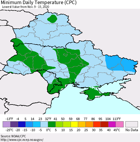 Ukraine, Moldova and Belarus Extreme Minimum Temperature (CPC) Thematic Map For 11/9/2020 - 11/15/2020