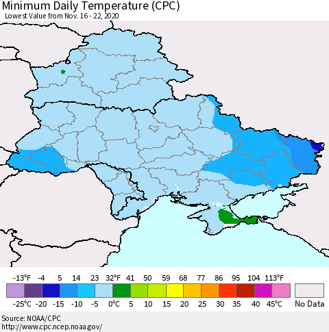 Ukraine, Moldova and Belarus Extreme Minimum Temperature (CPC) Thematic Map For 11/16/2020 - 11/22/2020