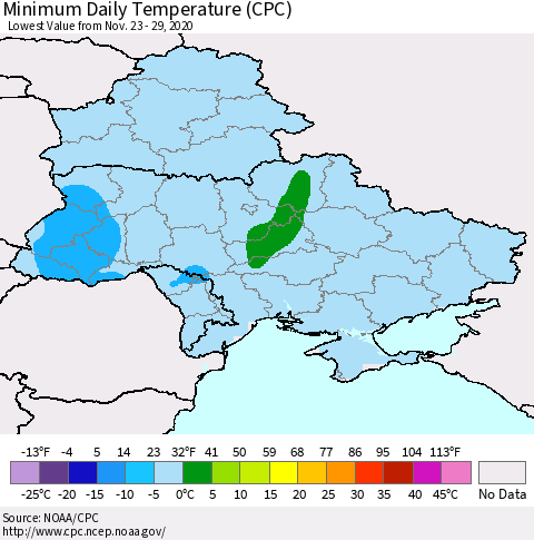 Ukraine, Moldova and Belarus Minimum Daily Temperature (CPC) Thematic Map For 11/23/2020 - 11/29/2020