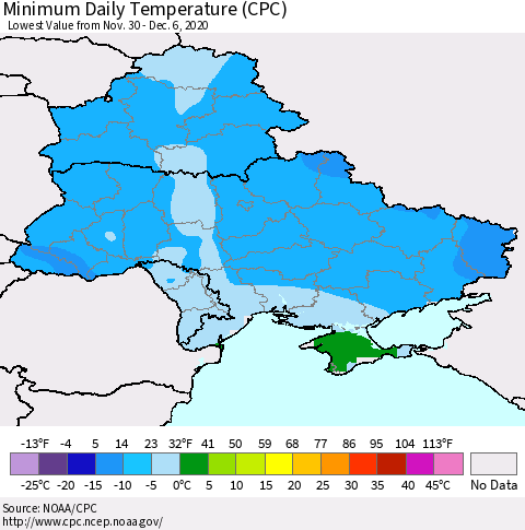 Ukraine, Moldova and Belarus Extreme Minimum Temperature (CPC) Thematic Map For 11/30/2020 - 12/6/2020