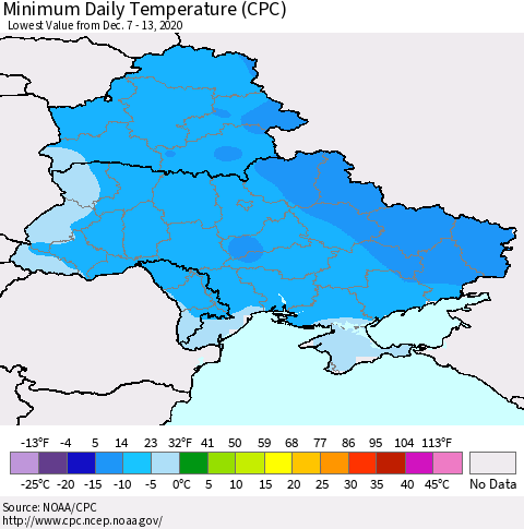 Ukraine, Moldova and Belarus Minimum Daily Temperature (CPC) Thematic Map For 12/7/2020 - 12/13/2020