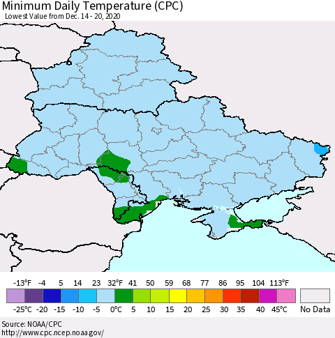 Ukraine, Moldova and Belarus Minimum Daily Temperature (CPC) Thematic Map For 12/14/2020 - 12/20/2020