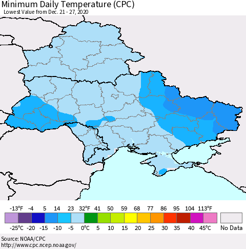 Ukraine, Moldova and Belarus Extreme Minimum Temperature (CPC) Thematic Map For 12/21/2020 - 12/27/2020