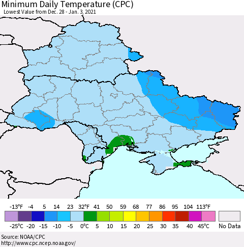 Ukraine, Moldova and Belarus Extreme Minimum Temperature (CPC) Thematic Map For 12/28/2020 - 1/3/2021