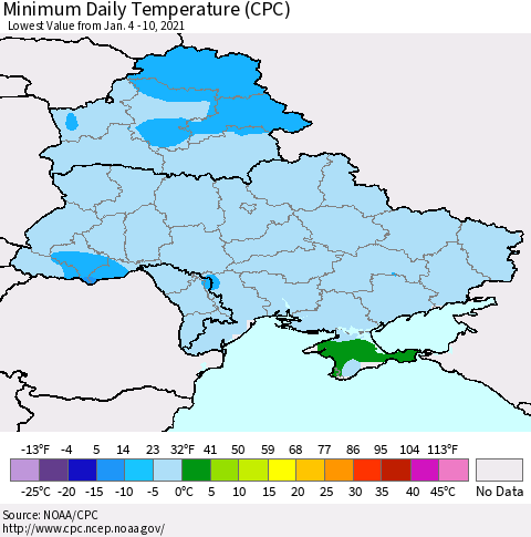 Ukraine, Moldova and Belarus Minimum Daily Temperature (CPC) Thematic Map For 1/4/2021 - 1/10/2021