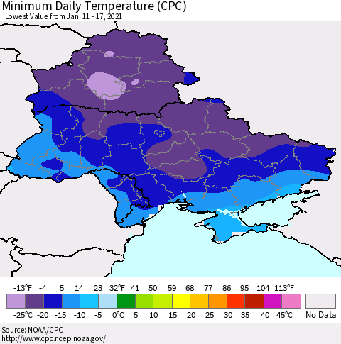 Ukraine, Moldova and Belarus Minimum Daily Temperature (CPC) Thematic Map For 1/11/2021 - 1/17/2021