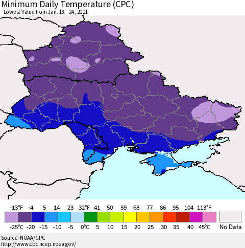 Ukraine, Moldova and Belarus Minimum Daily Temperature (CPC) Thematic Map For 1/18/2021 - 1/24/2021