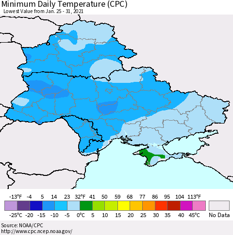 Ukraine, Moldova and Belarus Minimum Daily Temperature (CPC) Thematic Map For 1/25/2021 - 1/31/2021