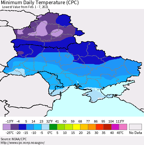 Ukraine, Moldova and Belarus Minimum Daily Temperature (CPC) Thematic Map For 2/1/2021 - 2/7/2021