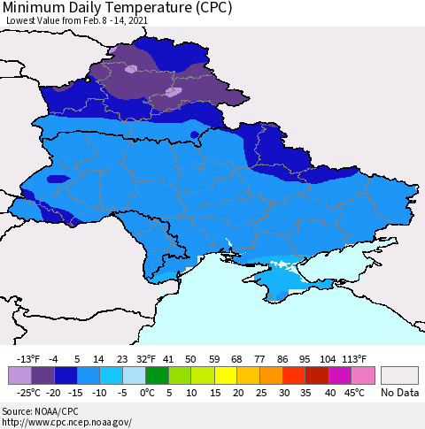 Ukraine, Moldova and Belarus Extreme Minimum Temperature (CPC) Thematic Map For 2/8/2021 - 2/14/2021
