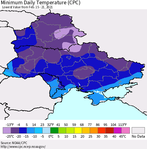 Ukraine, Moldova and Belarus Minimum Daily Temperature (CPC) Thematic Map For 2/15/2021 - 2/21/2021