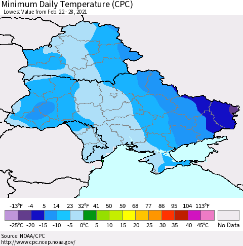 Ukraine, Moldova and Belarus Extreme Minimum Temperature (CPC) Thematic Map For 2/22/2021 - 2/28/2021