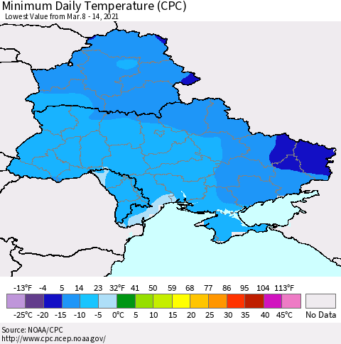 Ukraine, Moldova and Belarus Extreme Minimum Temperature (CPC) Thematic Map For 3/8/2021 - 3/14/2021