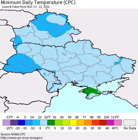 Ukraine, Moldova and Belarus Extreme Minimum Temperature (CPC) Thematic Map For 3/15/2021 - 3/21/2021