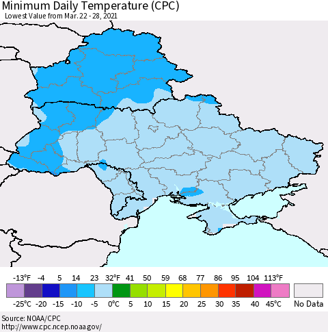 Ukraine, Moldova and Belarus Extreme Minimum Temperature (CPC) Thematic Map For 3/22/2021 - 3/28/2021