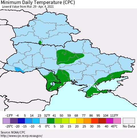 Ukraine, Moldova and Belarus Minimum Daily Temperature (CPC) Thematic Map For 3/29/2021 - 4/4/2021