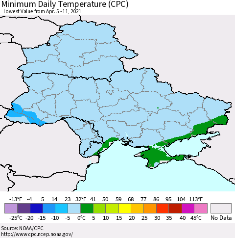 Ukraine, Moldova and Belarus Minimum Daily Temperature (CPC) Thematic Map For 4/5/2021 - 4/11/2021
