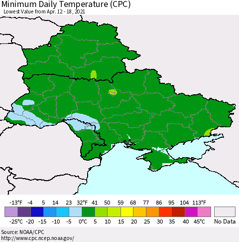 Ukraine, Moldova and Belarus Extreme Minimum Temperature (CPC) Thematic Map For 4/12/2021 - 4/18/2021