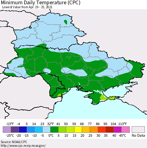 Ukraine, Moldova and Belarus Minimum Daily Temperature (CPC) Thematic Map For 4/19/2021 - 4/25/2021