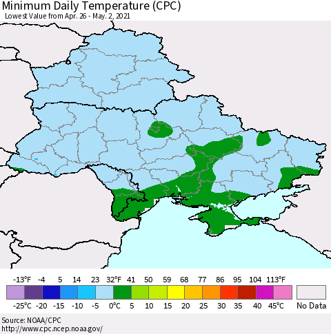 Ukraine, Moldova and Belarus Extreme Minimum Temperature (CPC) Thematic Map For 4/26/2021 - 5/2/2021